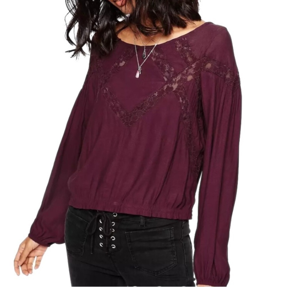 Free People Plum Geometry Lesson Lace Long Sleeve Blouse Size Small